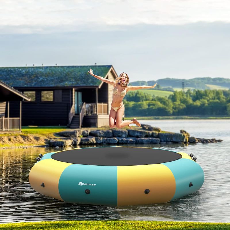 Photo 1 of (USED/See Notes) Goplus Inflatable Water Trampoline, with Electric Inflator - Unkown size (Yellow&Green)