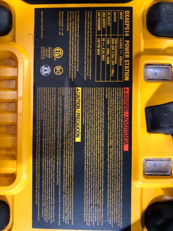 Photo 3 of (USED/See Notes) DEWALT 1600 Peak Battery Amp 12V Automotive Jump Starter/Power Station with 500 Watt AC Power Inverter, 120 PSI Digital Compressor, and USB Power, Yellow