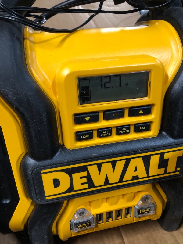 Photo 2 of (USED/See Notes) DEWALT 1600 Peak Battery Amp 12V Automotive Jump Starter/Power Station with 500 Watt AC Power Inverter, 120 PSI Digital Compressor, and USB Power, Yellow
