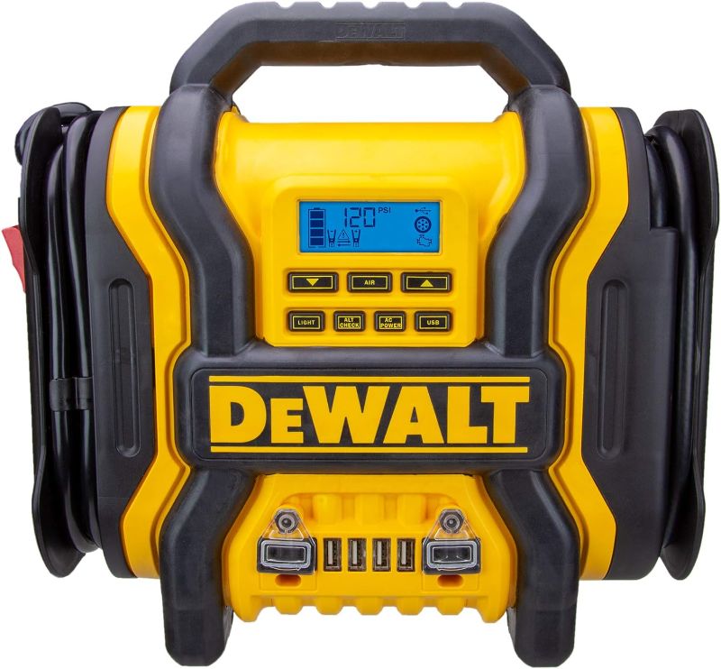 Photo 1 of (USED/See Notes) DEWALT 1600 Peak Battery Amp 12V Automotive Jump Starter/Power Station with 500 Watt AC Power Inverter, 120 PSI Digital Compressor, and USB Power, Yellow