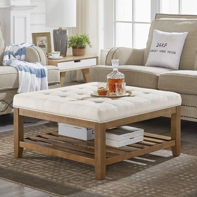 Photo 1 of 24KF Large Square Upholstered Tufted Linen Ottoman Coffee Table with Shelf-Ivory