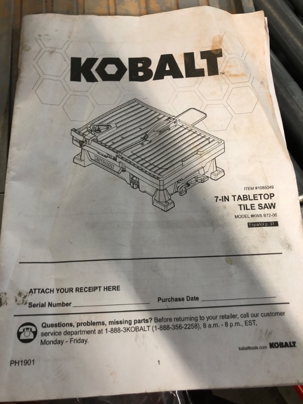 Photo 1 of **HEAVILY USED**
Kobalt 7-in 1 Wet Tabletop Sliding Table Tile Saw KWS B72-06                                                                                                                                                                                  