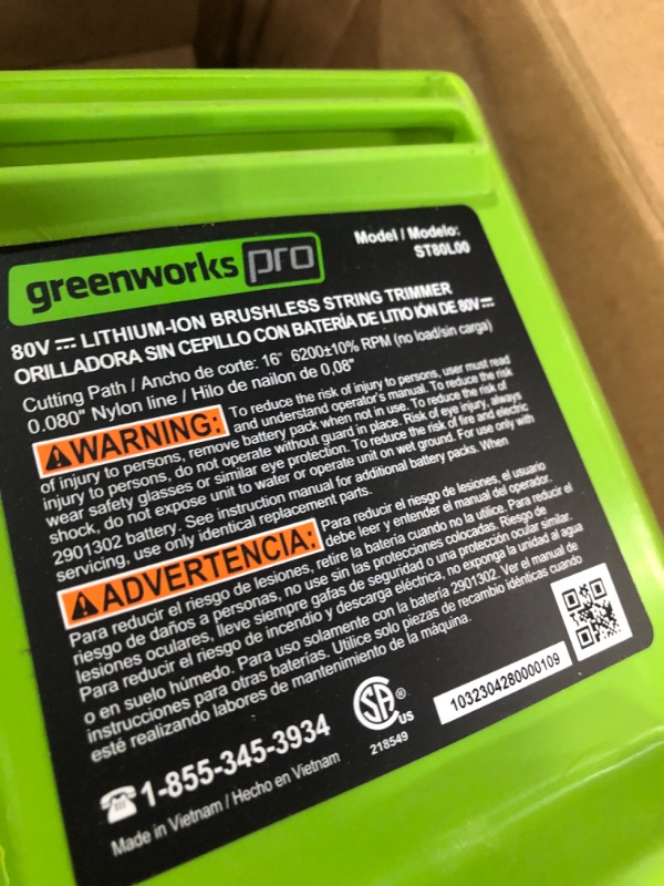 Photo 5 of **SEE NOTES**
Greenworks Pro 16-inch 80V Cordless String Trimmer, 2.0 ST80L210