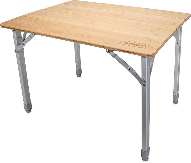 Photo 1 of Camco Folding Bamboo Table with Aluminum Legs | Natural Bamboo Top | Lightweight for Added Portability (51895)