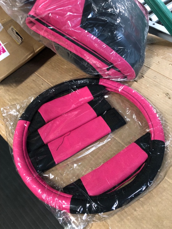 Photo 2 of Automotive Seat Covers Pink Universal Fit Combo Set with Steering Wheel Cover and Seat Belt Pad fits most Cars, SUVs, and Trucks (Airbag Compatible and Split Bench) FH Group FB030PINK-COMBO