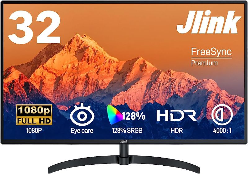 Photo 1 of Computer Monitor - Jlink FHD 32 Inch Monitor, 1920x1080P 60Hz 104% sRGB LCD Display with HDMI VGA 3.5mm Audio, HDR Low Blue Light Anti-Glare Larger VA Screen with Freesync, Tiltable & VESA Mountable
