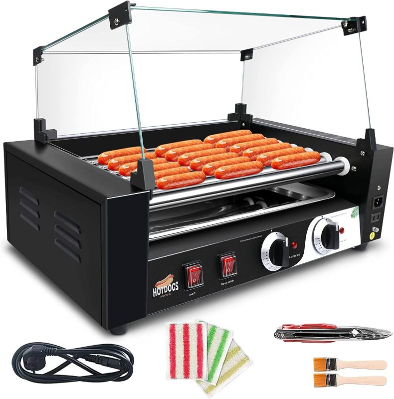 Photo 1 of 1400W Hot Dog Roller Machine, Dual Temp Control Commercial Electric Contact Grills with Removable Stainless Steel Drip Tray and Cover, 18 Hot Dog 7 Rollers,Sausage Grill Cooker for Party Kitchen Restaurant
