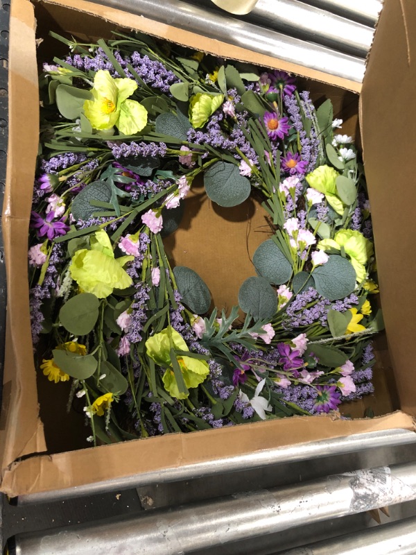 Photo 2 of 22 inch Eucalyptus Wreath for Front Door Large Artificial Green Leaves Wreath Spring Garland Floral Wreaths with Daisy, Lilac and Corn Flowers for Wedding, Window, Wall, Door, Farmhouse Home Decor
