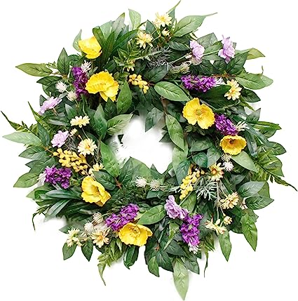 Photo 1 of 22 inch Eucalyptus Wreath for Front Door Large Artificial Green Leaves Wreath Spring Garland Floral Wreaths with Daisy, Lilac and Corn Flowers for Wedding, Window, Wall, Door, Farmhouse Home Decor
