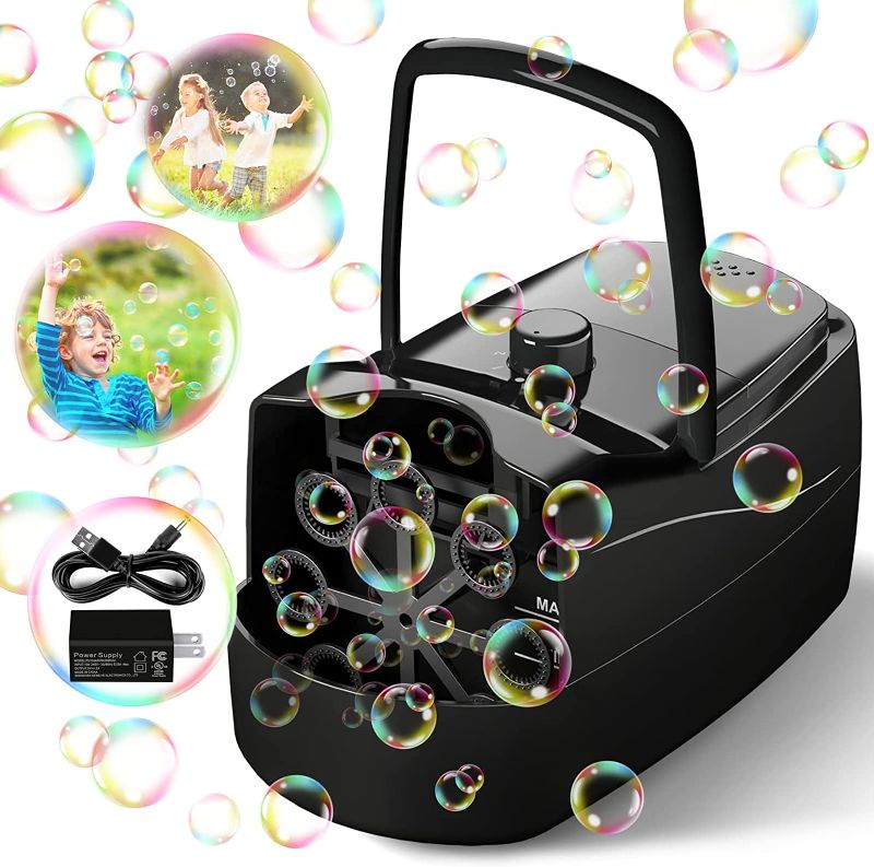 Photo 1 of Bubble Machine, Automatic Bubble Blower Electronics Bubble Maker for Kids 10000+ Bubbles Per Minute with 2 Speeds, 8 Wands,Plug-in or Batteries Bubbles Toy for Outdoor/Indoor Party Birthday (Black)
