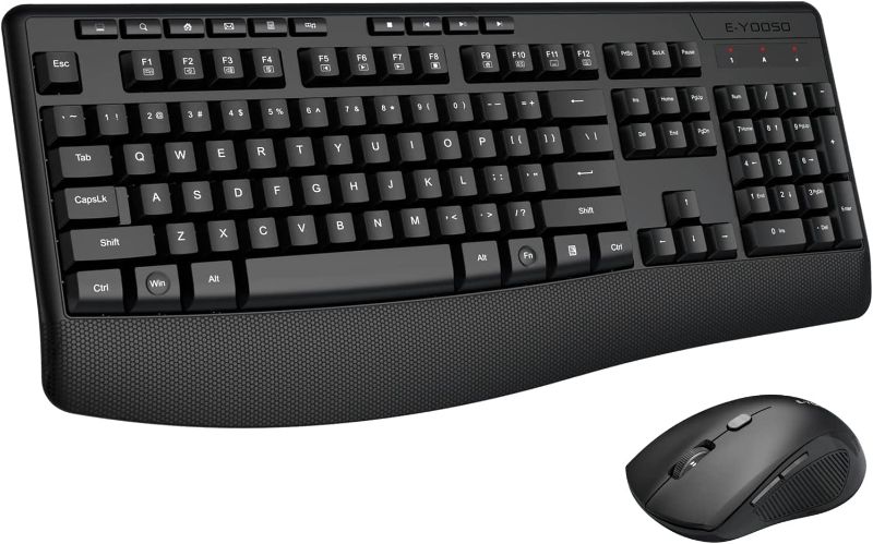 Photo 1 of Wireless Keyboard and Mouse Combo, E-YOOSO 2.4GHz Full-Sized Ergonomic Wireless Keyboard with Wrist Rest, 3 DPI Adjustable and 6 Buttons Cordless USB Mouse for Computer, Laptop, PC, Windows, Mac
