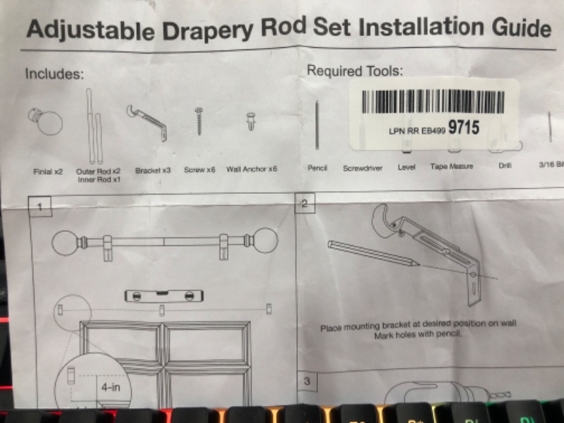 Photo 3 of Drapery Curtain Rod Set with Classic Round Finials/Ball Caps, 1 1/8 inch Diameter Adjustable Length 72 to 144" Length, Matte Black