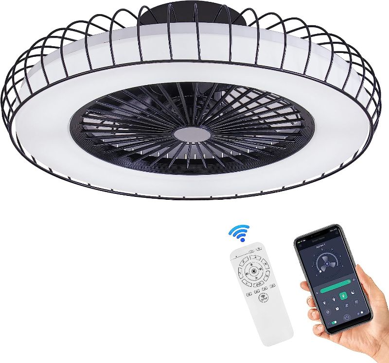 Photo 1 of 21'' Bladeless Ceiling Fan with Lights Remote Control, Modern Low Profile Flush Mount Enclosed Ceiling Fan, Dimmable LED 6 Speeds Reversible Motor Timing Indoor Caged Ceiling Fan Light
