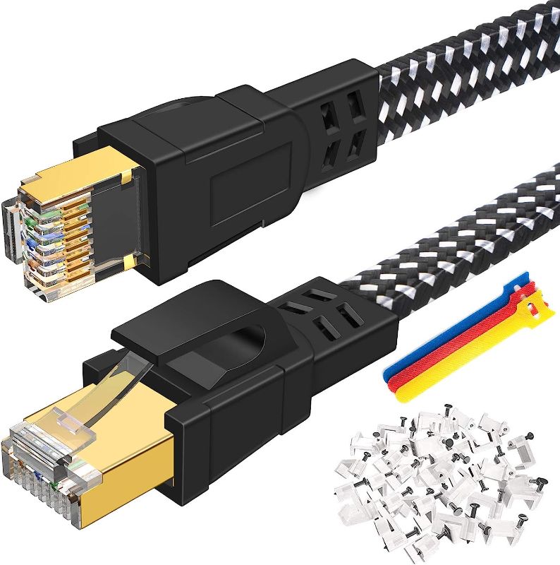 Photo 1 of Cat 8 Ethernet Cable 150 FT, Heavy Duty High Speed Flat Cat8 LAN Network Cable Shielded, DEEGO 40Gbps 2000MHz U/FTP Patch Cord with Gold Plated RJ45 Connector for Router, Gaming, Modem, PC, PS4, PS5
