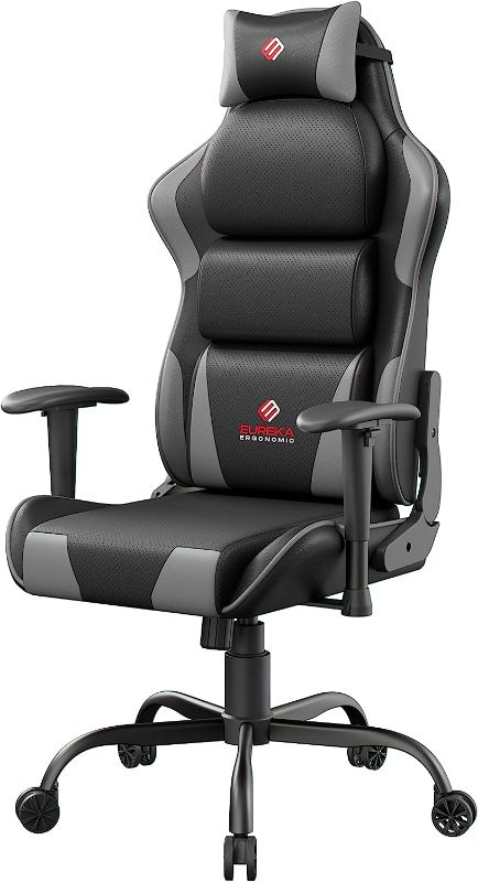 Photo 1 of EUREKA ERGONOMIC Gaming Chair, High Back Office Chair with Wavy One-Piece Lumbar Support, Recliner Computer Chairs with Adjustable Armrest, PU Leather Swivel Video Game Chair for Adults, Black & Grey
