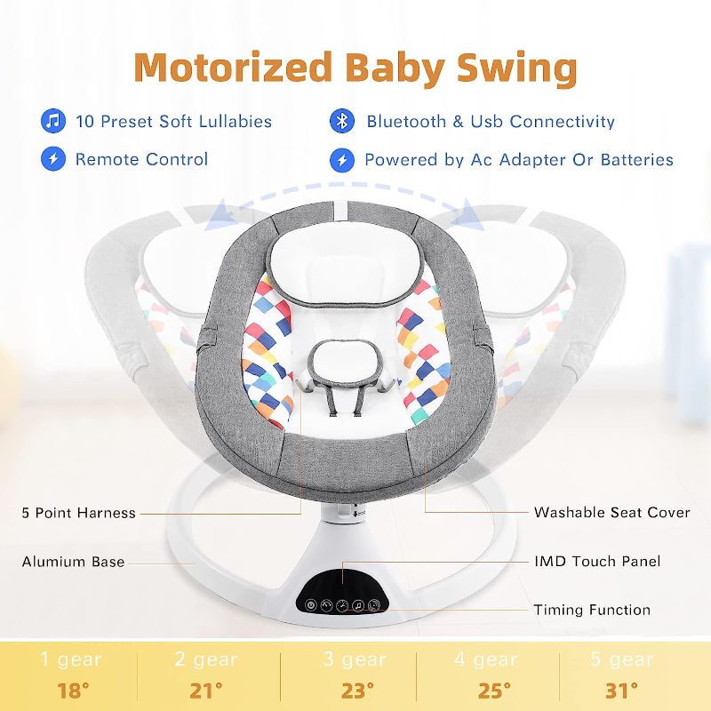 Photo 1 of Baby Swing for Infants, Electric Portable Baby Swing for Newborn, Bluetooth Touch Screen/Remote Control Timing Function 5 Swing Speeds Baby Rocker Chair with Music Speaker 5 Point Harness Gray
