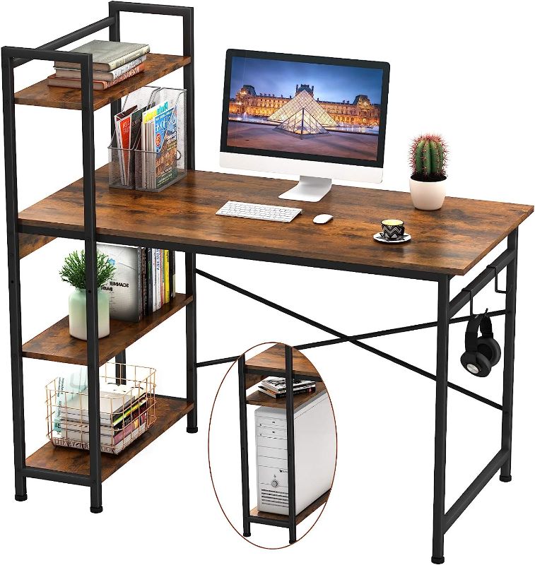 Photo 1 of Engriy Computer Desk with 4 Tier Shelves for Home Office, 47" Writing Study Table with Bookshelf and 2 Hooks, Multipurpose Industrial Wood Desk Workstation with Metal Frame for PC Laptop, Rustic Brown
