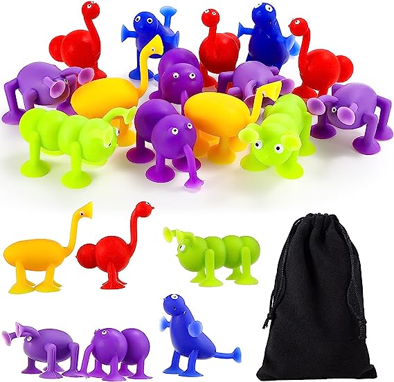 Photo 1 of 24 Pieces Silicone Suction Toys Building Blocks Suction Toy Bath Suction Toys Animal Shape Sucker Toys with Storage Bag for Stress Release Interactive Game