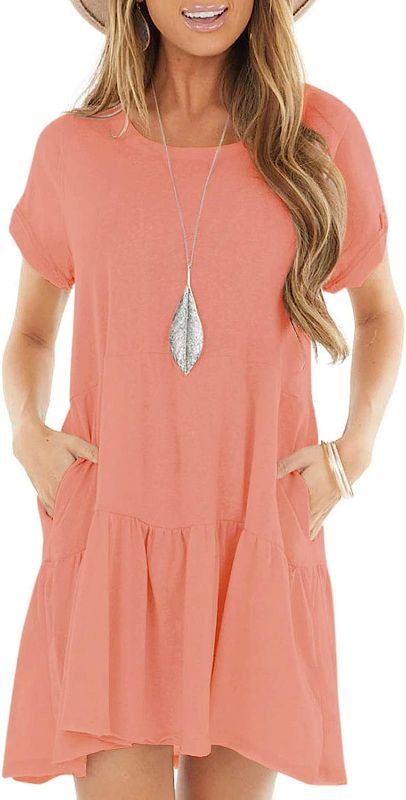 Photo 1 of Berryou Women Short Sleeve Pocket Casual Plain Flexible Loose Ruffle Swing T-Shirt Dress 2023 SIZE 2XL