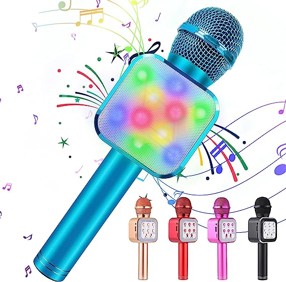 Photo 1 of KIDWILL Wireless Bluetooth Karaoke Microphone for Kids, 5-in-1 Portable Handheld Karaoke Mic Speaker Player Recorder with LED Lights for Kids Girls Boys Teens Birthday (1818-Blue) 