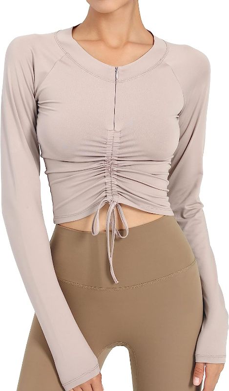 Photo 1 of 
Flexyfree Women's Long Sleeve Drawstring Ruched Workout Shirt Slim Fit Half Zip Crew V Neck Athletic Yoga Crop Top