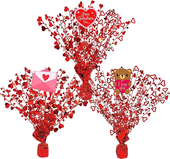 Photo 1 of 3 Pack Valentines Heart Spray Centerpieces Red Metallic Strands Die-Cut Foil Hearts Centerpieces Balloon Weight Centerpieces Gleam 'N Burst Centerpieces for Valentine's Day Classroom Table Decoration 