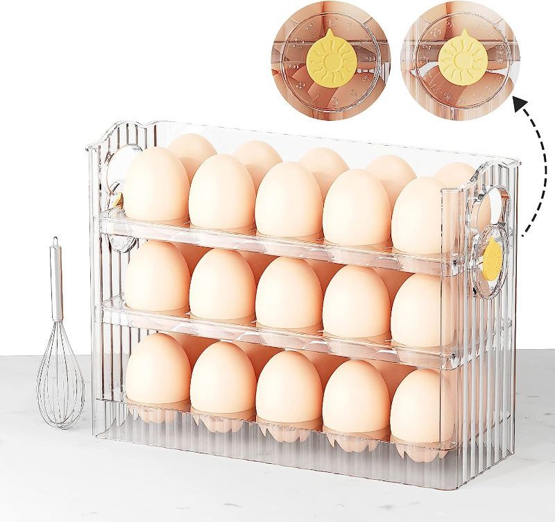 Photo 1 of 30 Count Egg Storage Drawer for Refrigerator - 3 Layers Egg Container with Egg Beater Clear Plastic Egg Tray for Fridge Side Door, Egg Holder for Refrigerator
