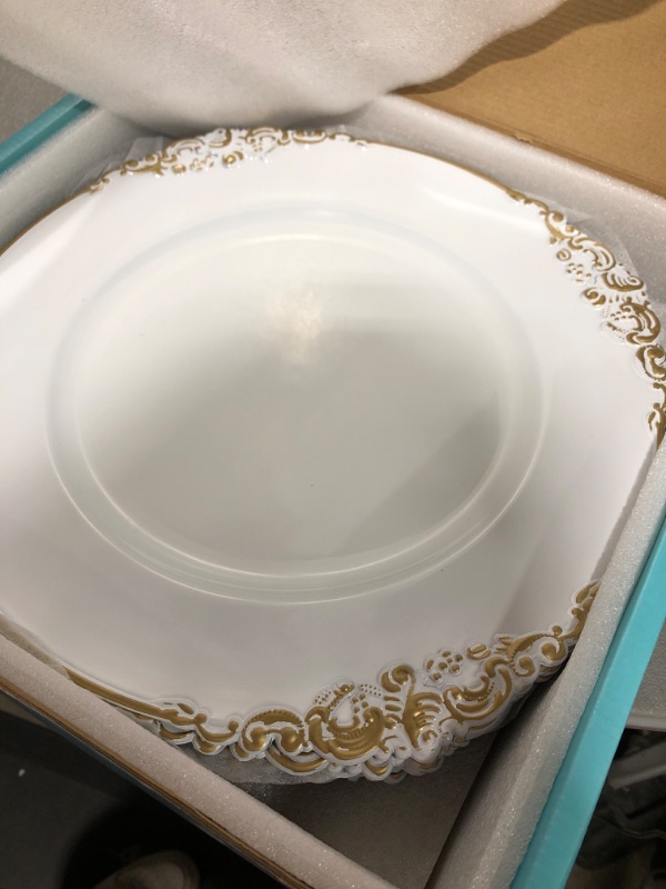 Photo 2 of MAONAME White Charger Plates with Gold Rim, Round Antique Plate Chargers for Dinner Plates, 13" Plastic Charger for Wedding Table Setting, Set of 6 6 White - Gold Trim