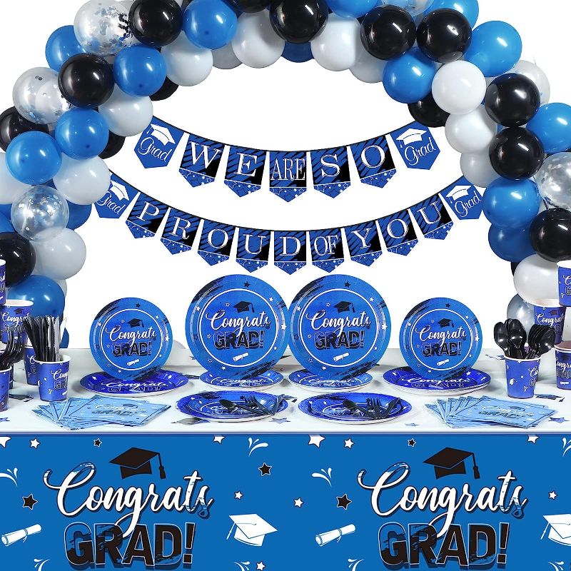 Photo 1 of 202 Pieces Congrats Grad Party Supplies with Grad Banner Graduation Tablecloth Latex Balloon Grad Tableware Set for University, High and Primary School Graduation Party Decor, Serves 24(Blue) 