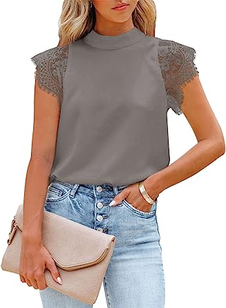 Photo 1 of Berryou Women Tops Short Sleeve Lace Satin Mock Neck Blouse Dressy Workwear Elegant Shirts SMALL