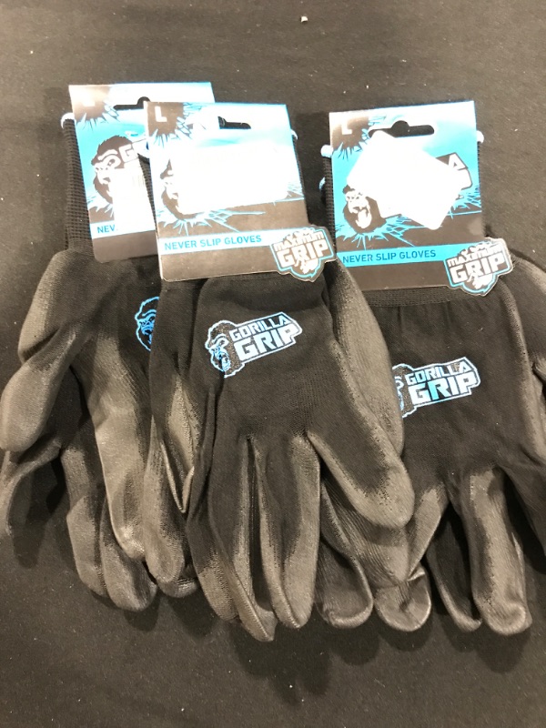 Photo 2 of 3 Pack- GORILLA GRIP Grey Slip Resistant All Purpose Work Gloves Black- Large