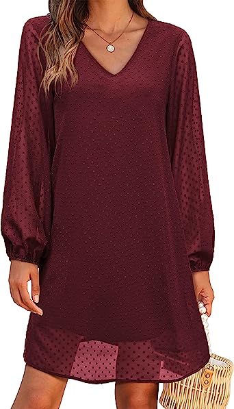 Photo 1 of [Size XL] Amoretu Women's Shift Dress Casual V Neck Long Sleeve Swiss Dot Chiffon Dresses 