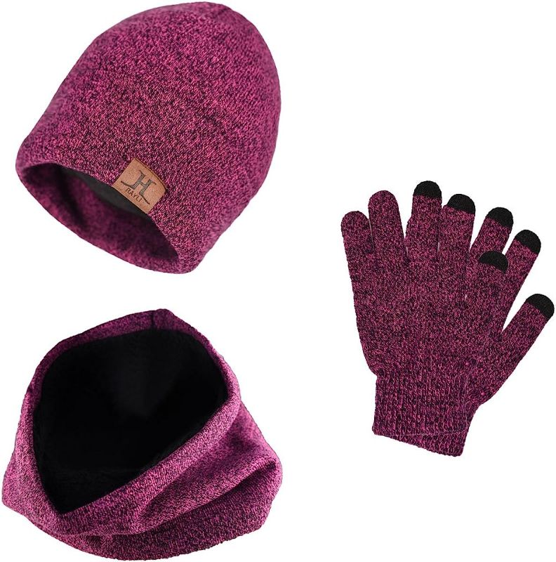 Photo 1 of 3 PCS Winter Beanie Hat Scarf Gloves Set, Knitted Hat Scarf Touch Screen Gloves for Men Women (Rose Red)
