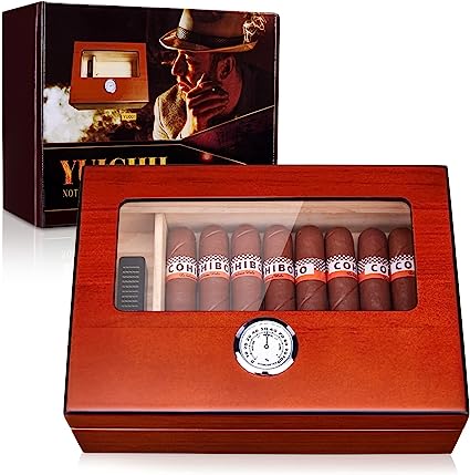 Photo 1 of YUICHH Cigar Humidors Humidor Cigar Box, Cigar Humidor Glass Top Humidor with Hygrometer Humidifier and Divider, Cigar Box Humidifier Holds 25-30 Cigars Cedar Wood Desktop Humidor Cigar Accessories
