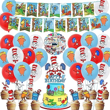 Photo 1 of 108Pcs Dr. Birthday Party Decoration Party Supplies Cat in the Hat Theme Party Include Happy Birthday Banner, Cake Decoration, Stickers, Latex Balloons for Kids Birthday Party
