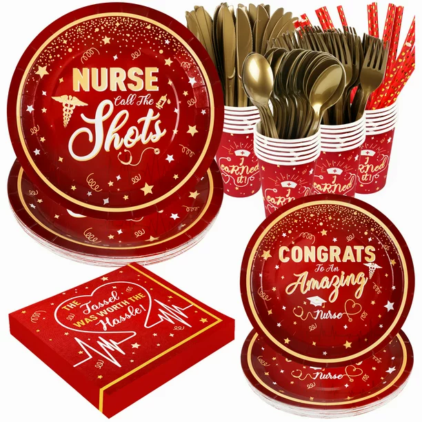 Photo 1 of 2023 Nurse Graduation Plates and Napkins Set Party Supplies Decorations, 192 Pcs Disposable Congrats Grad Paper Tableware Serves 24, Include Plates, Napkins, Cup, Knives, Forks, Spoons, and Straws