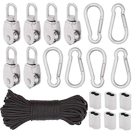 Photo 1 of (Lot of 19pcs)6pcs M15 Single Pulley Block for Lifting and 6pcs M6 Carabiner Snap Hook Clips in 304 Stainless Steel,6pcs Aluminum Crimping Loop Sleeves with 1pcs 4mm X 30m Nylon Rope