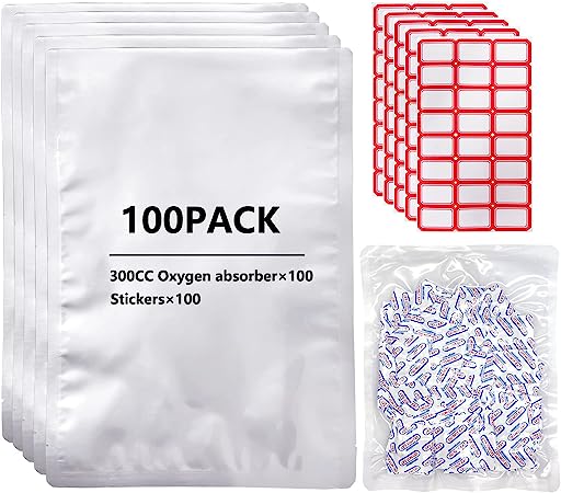 Photo 1 of 100 PCS 1Gallon Mylar Bags For Food Storage, Mylar Bags With Oxygen Absorbers - 300CC×100, Large Aluminum Mylar Bags - 15"x10"
