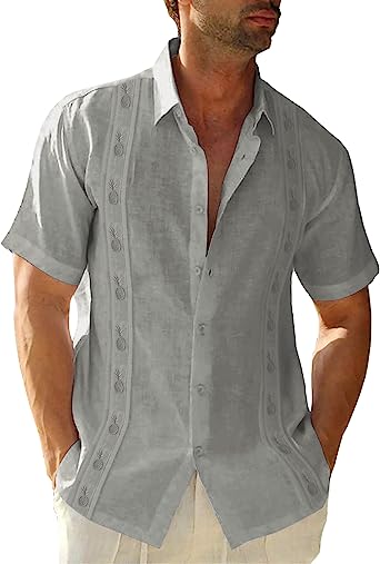 Photo 1 of Beotyshow Mens Guayabera Short Sleeve Shirts Embroidered Pineapple Linen Button up Shirts Casual Summer Beach Cuban Shirts medium