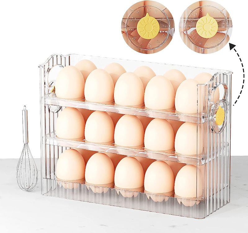 Photo 1 of 30 Count Egg Storage Drawer for Refrigerator - 3 Layers Egg Container with Egg Beater Clear Plastic Egg Tray for Fridge Side Door, Egg Holder for Refrigerator 