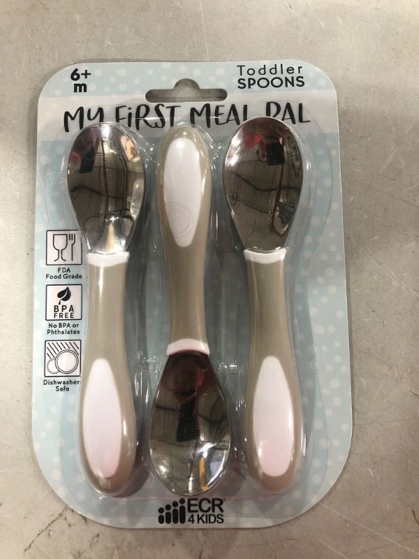 Photo 2 of ECR4Kids My First Meal Pal Toddler Spoons-Free and Dishwasher Safe Utensils for Babies and Kids, Children's Flatware for Self-Feeding, White/Light Grey (3-Pack)