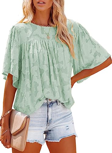 Photo 1 of Diukia Womens Bell Half Sleeve Floral Textured Babydoll Blouse Tops Summer Casual Crewneck Lace Shirts --med