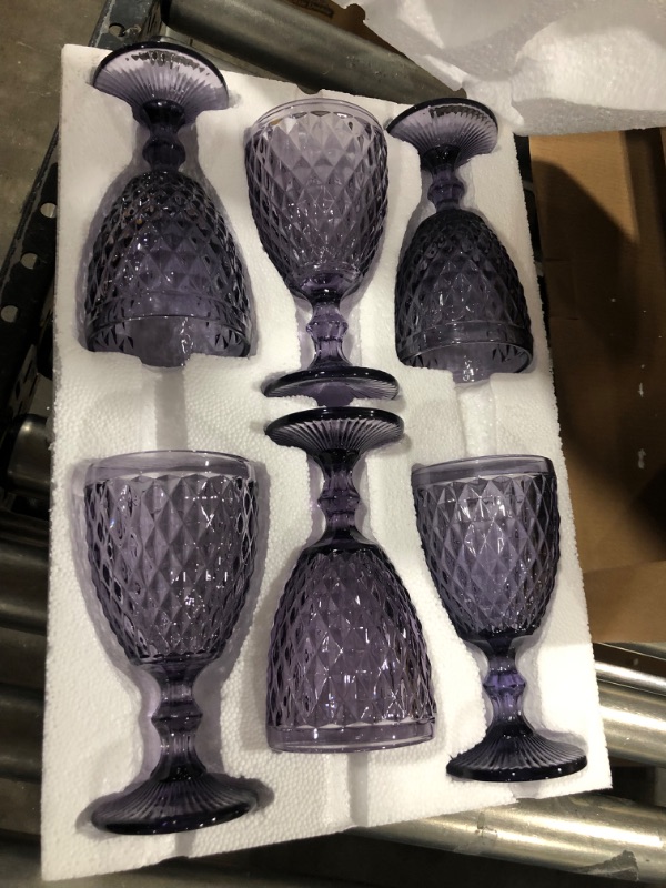 Photo 2 of 1500° C TABLETOP Purple Colored Goblet Glasses 10 oz. set of 6 Water Goblets Vintage Glassware Embossed with Diamond Pattern for Iced Tea Beverage for Party and Wedding Purple 6 Count (Pack of 1)