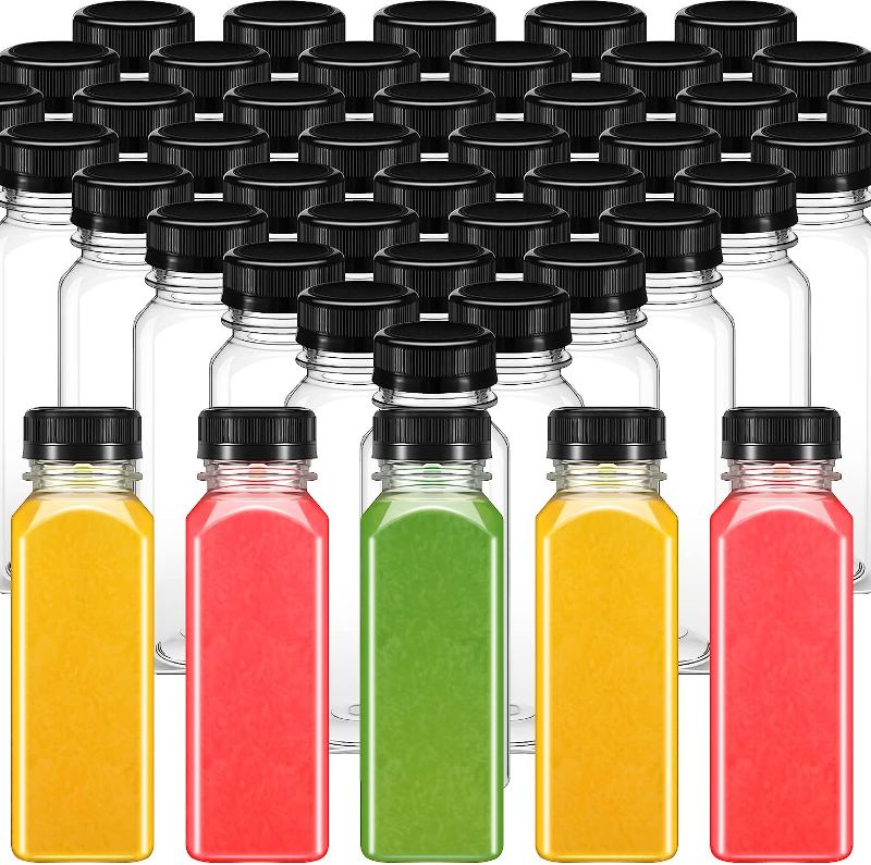 Photo 1 of 200 Pcs 8oz Plastic Juice Bottles with Caps Drink Containers with Leak Proof Lids Bulk Empty Reusable Clear Bottles with Black Tamper Evident Lids PET Plastic Bottles for Milk Juice Smoothie Drinking
