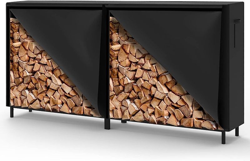 Photo 1 of Stormann 8ft Firewood Log Rack with Oxford Fabric Cover Combo Set Outdoor Indoor Waterproof Firewood Stacking Log Holder Heavy Duty Wood Rack Storage Black for Patio Deck Fireplace Tool