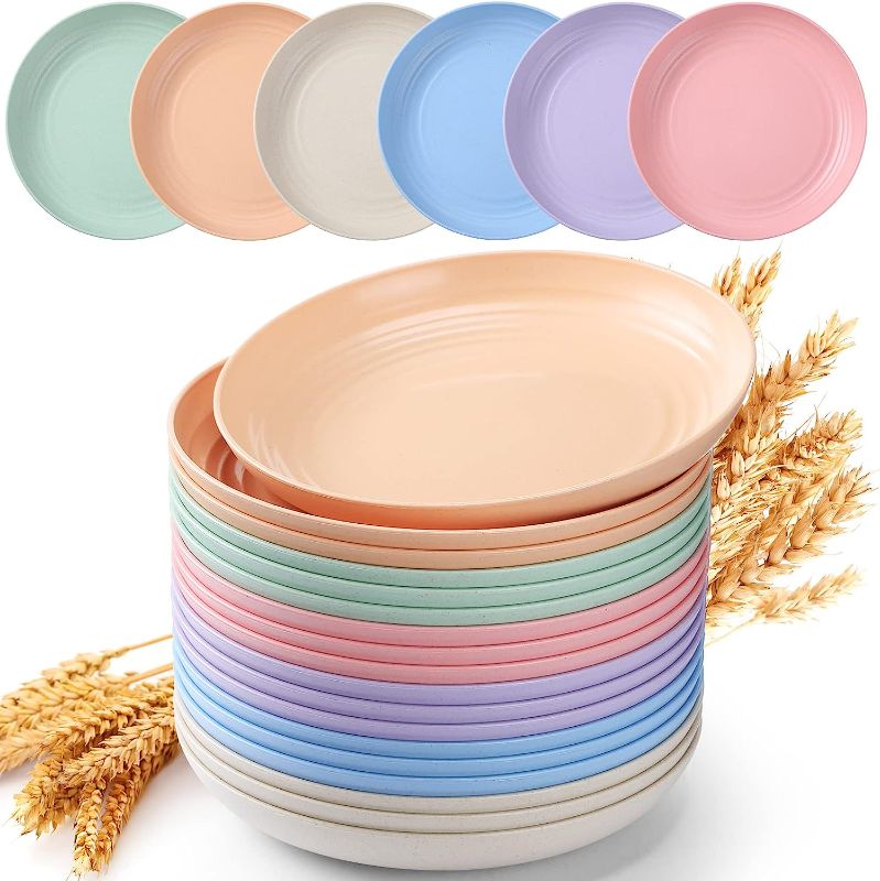 Photo 1 of 18 Pcs 9 Inches Wheat Straw Plates Plastic Reusable Dinner Plates Unbreakable Dinnerware Lightweight Dinner Dishes with 6 Colors Microwave and Dishwasher Safe for Kids Toddlers Adults