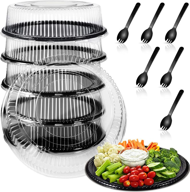 Photo 1 of 6 Pack Heavy Duty Serving Tray with Clear Lid and Sporks, Large Plastic Tray with Elegant Platter Round Black Disposable for Salad Sandwich Party Takeout Food Catering Picnic (16 Inch)
