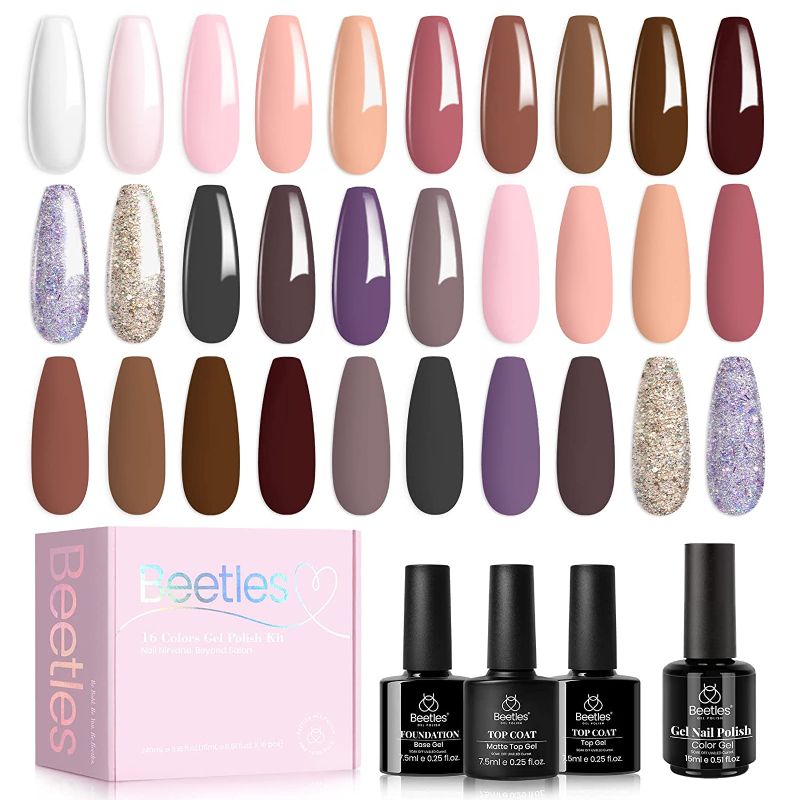 Photo 1 of beetles Gel Polish 16 Colors Gel Nail Natural Charm Collection Pink Nude Nail Design Soak Off Burgundy Manicure Golden Glitter Color Set Need Uv Light Cured Salon Home Diy
