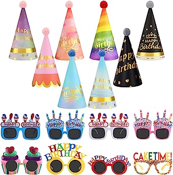 Photo 1 of 16 Pcs Birthday Party Hats for Kids Adults Rainbow Colorful Sunglasses Cone Birthday Decorations Supplies