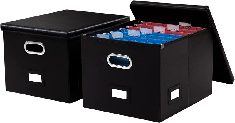 Photo 1 of PRANDOM File Organizer Box - Set of 2 Collapsible Decorative Faux Leather Filing Storage Hanging File Folders with Lids Office Cabinet Letter/Legal Size Black (17x14x11.2 inch)